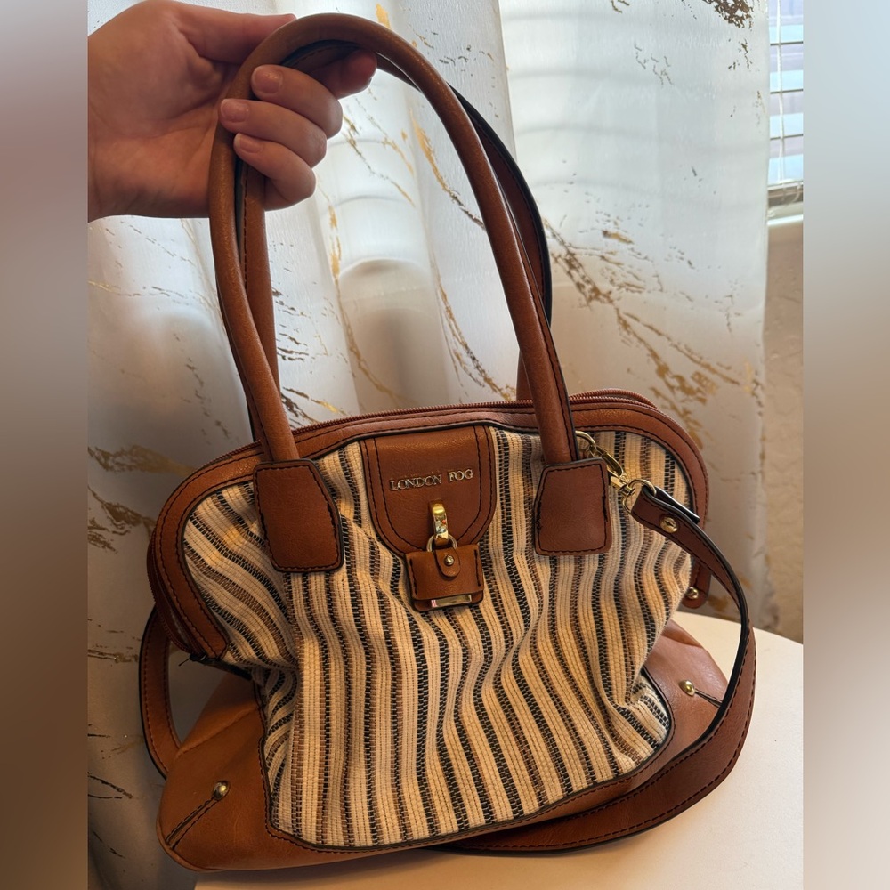 London Fog Tan and White Striped Shoulder Bag